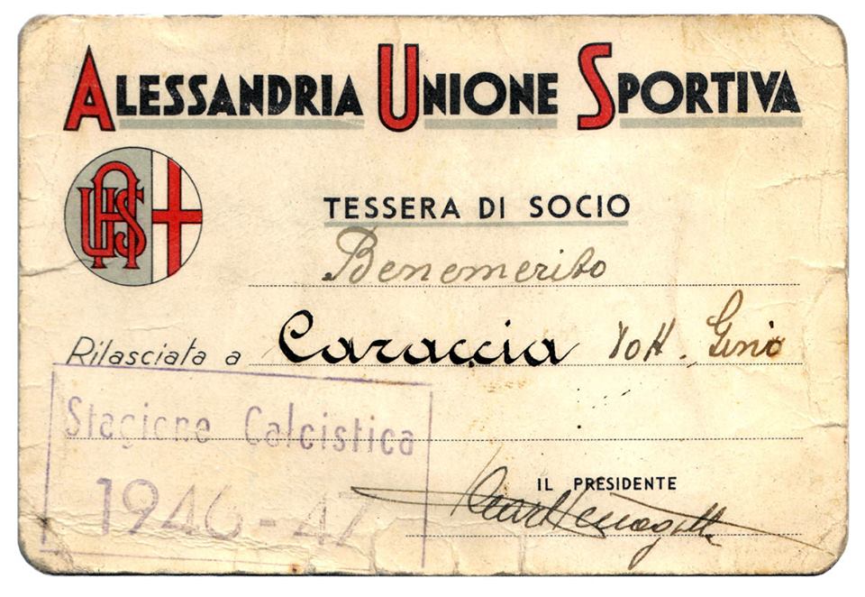 U.S. Alessandria 1946-47: dopo 10 anni i Grigi tornano finalmente in serie A. in foto una tessera di abbonamento del campionato.