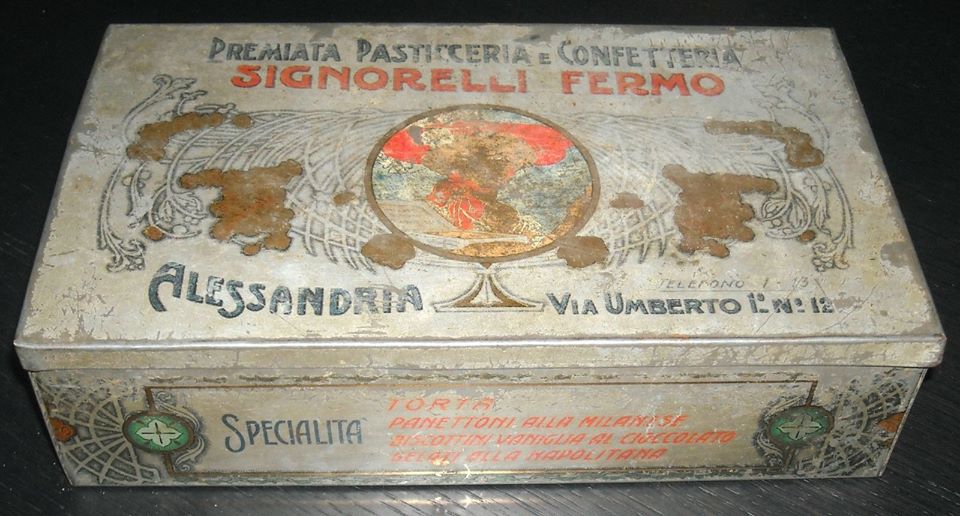 Vecchia scatola latta 'Pasticceria Signorelli Fermo' Alessandria - 1900 circa.