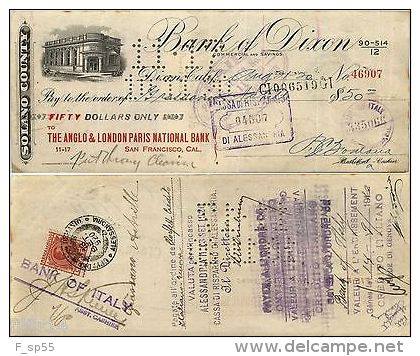 Assegno Americano 50$ incassato in Alessandria il 13.9.1920 con Marca da bollo 20c.