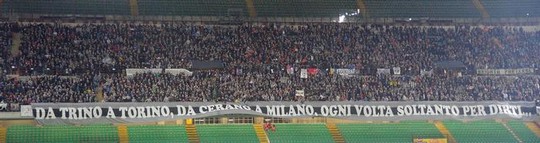 Alessandria's supporters show a banner during the Italy Cup second leg semifinal soccer match AC Milan vs US Alessandria at Giuseppe Meazza stadium in Milan, Italy, 01 March 2016. ANSA/DANIEL DAL ZENNARO